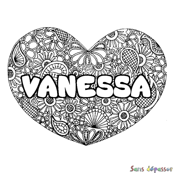 Coloriage pr&eacute;nom VANESSA - d&eacute;cor Mandala coeur