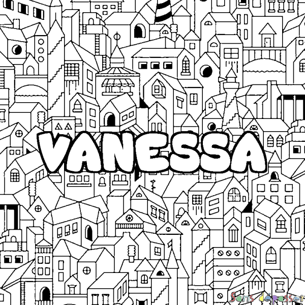 Coloriage pr&eacute;nom VANESSA - d&eacute;cor Ville
