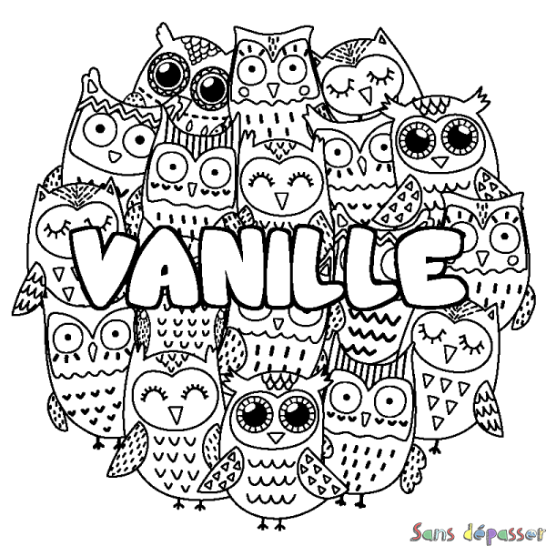Coloriage pr&eacute;nom VANILLE - d&eacute;cor Chouettes