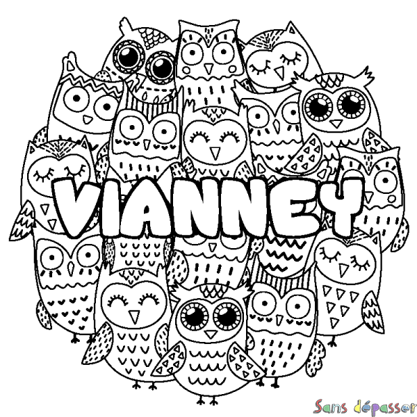 Coloriage pr&eacute;nom VIANNEY - d&eacute;cor Chouettes