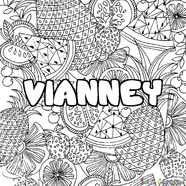 Coloriage pr&eacute;nom VIANNEY - d&eacute;cor Mandala fruits