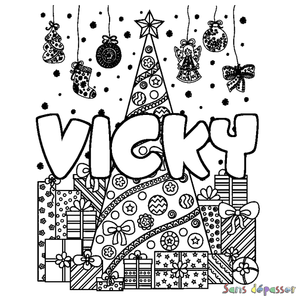 Coloriage pr&eacute;nom VICKY - d&eacute;cor Sapin et Cadeaux