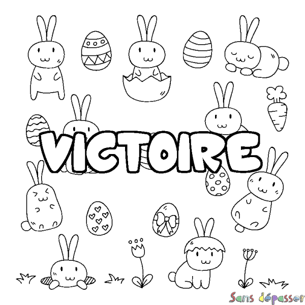 Coloriage pr&eacute;nom VICTOIRE - d&eacute;cor Paques