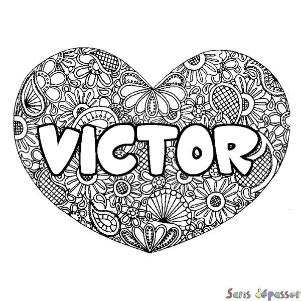 Coloriage pr&eacute;nom VICTOR - d&eacute;cor Mandala coeur