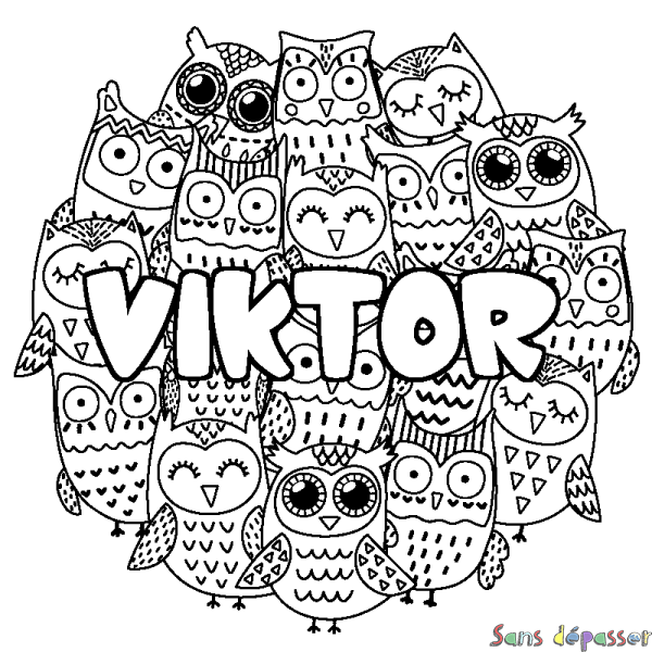 Coloriage pr&eacute;nom VIKTOR - d&eacute;cor Chouettes