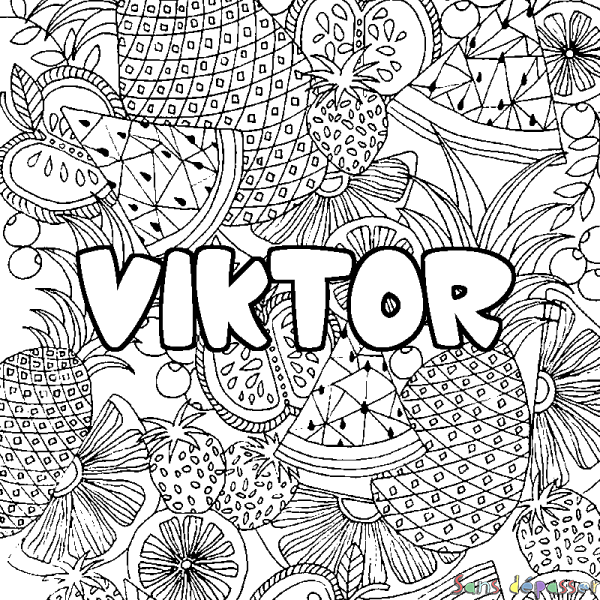 Coloriage pr&eacute;nom VIKTOR - d&eacute;cor Mandala fruits