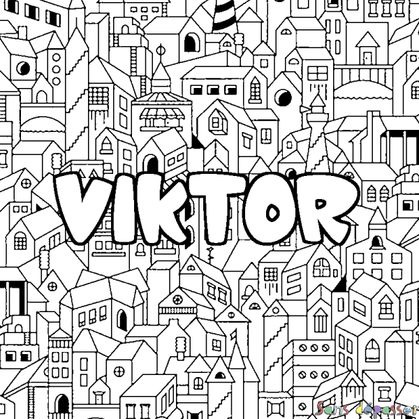 Coloriage pr&eacute;nom VIKTOR - d&eacute;cor Ville