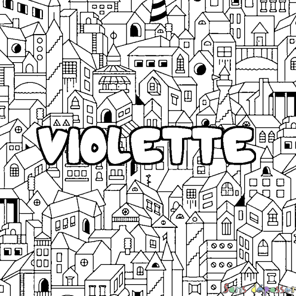 Coloriage pr&eacute;nom VIOLETTE - d&eacute;cor Ville