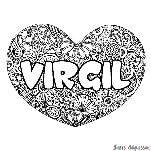 Coloriage prénom VIRGIL - d&eacute;cor Mandala coeur