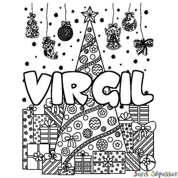 Coloriage prénom VIRGIL - d&eacute;cor Sapin et Cadeaux