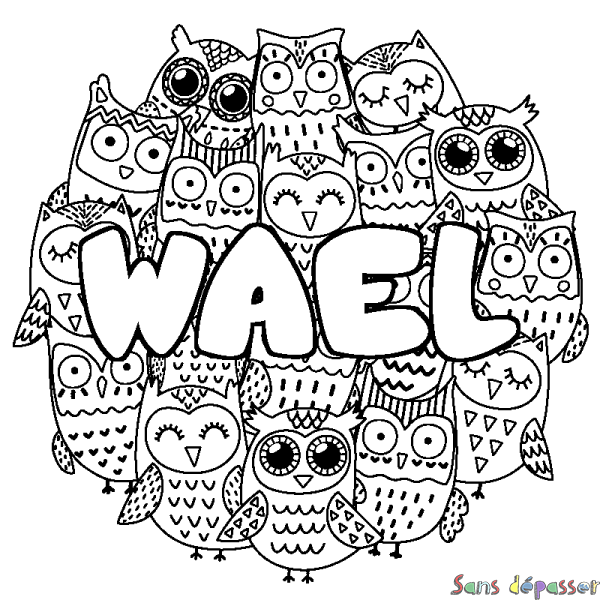 Coloriage pr&eacute;nom WAEL - d&eacute;cor Chouettes