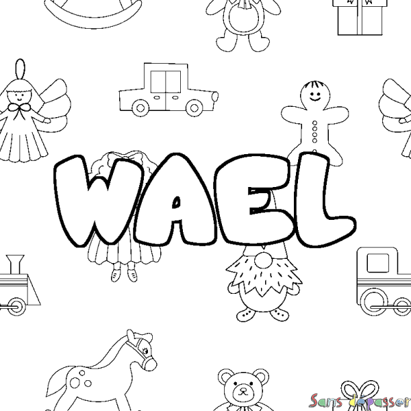Coloriage pr&eacute;nom WAEL - d&eacute;cor Jouets