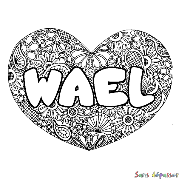 Coloriage prénom WAEL - d&eacute;cor Mandala coeur