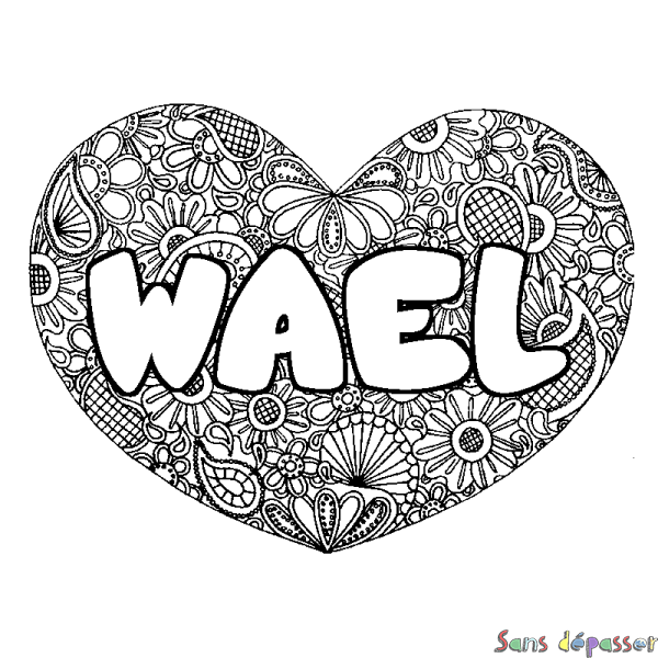 Coloriage pr&eacute;nom WAEL - d&eacute;cor Mandala coeur