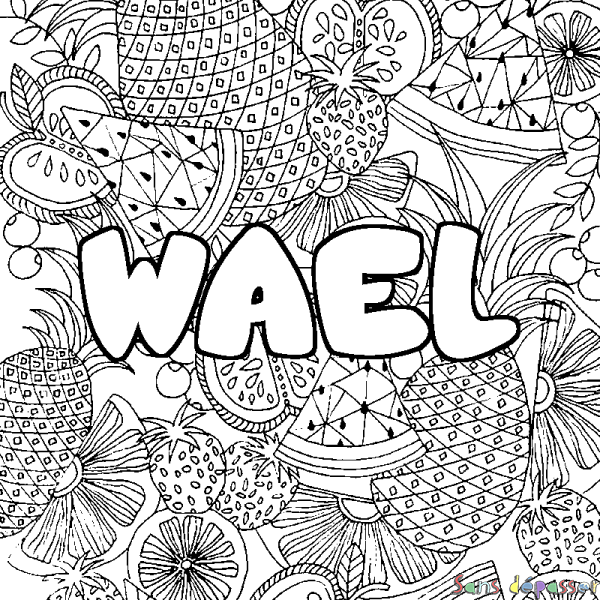 Coloriage prénom WAEL - d&eacute;cor Mandala fruits