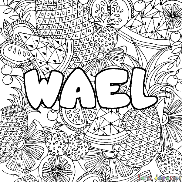 Coloriage pr&eacute;nom WAEL - d&eacute;cor Mandala fruits