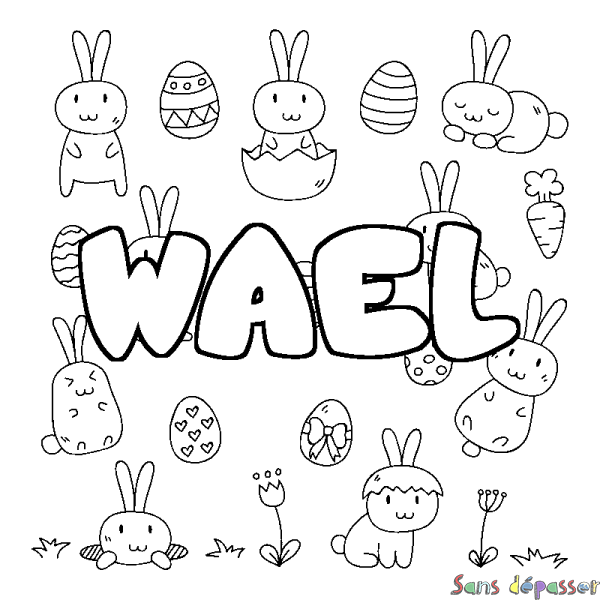 Coloriage pr&eacute;nom WAEL - d&eacute;cor Paques