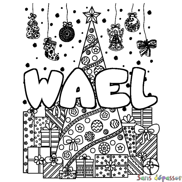 Coloriage pr&eacute;nom WAEL - d&eacute;cor Sapin et Cadeaux