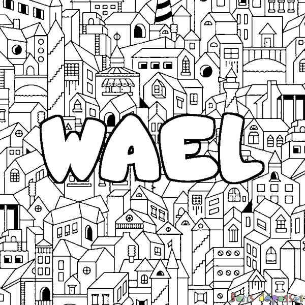 Coloriage prénom WAEL - d&eacute;cor Ville