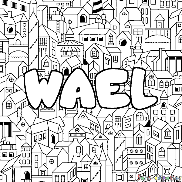 Coloriage pr&eacute;nom WAEL - d&eacute;cor Ville