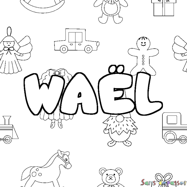 Coloriage pr&eacute;nom WA&Euml;L - d&eacute;cor Jouets