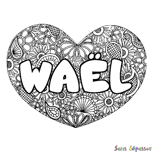 Coloriage pr&eacute;nom WA&Euml;L - d&eacute;cor Mandala coeur