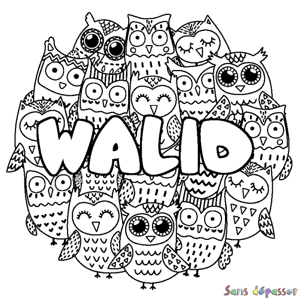 Coloriage pr&eacute;nom WALID - d&eacute;cor Chouettes