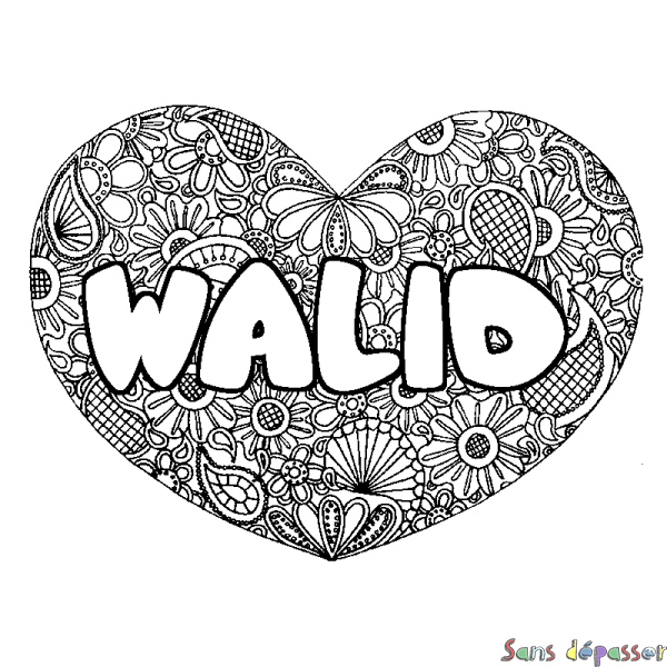 Coloriage prénom WALID - d&eacute;cor Mandala coeur