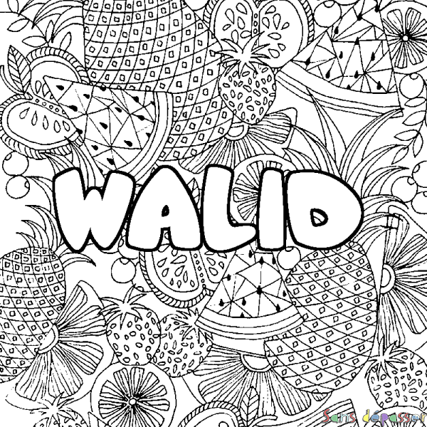 Coloriage prénom WALID - d&eacute;cor Mandala fruits