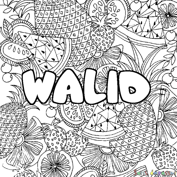 Coloriage pr&eacute;nom WALID - d&eacute;cor Mandala fruits