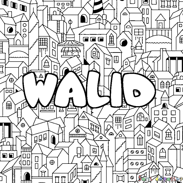 Coloriage pr&eacute;nom WALID - d&eacute;cor Ville