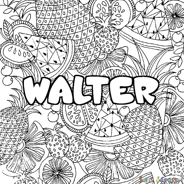 Coloriage pr&eacute;nom WALTER - d&eacute;cor Mandala fruits