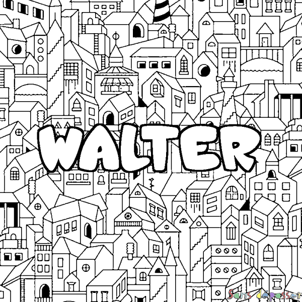 Coloriage pr&eacute;nom WALTER - d&eacute;cor Ville