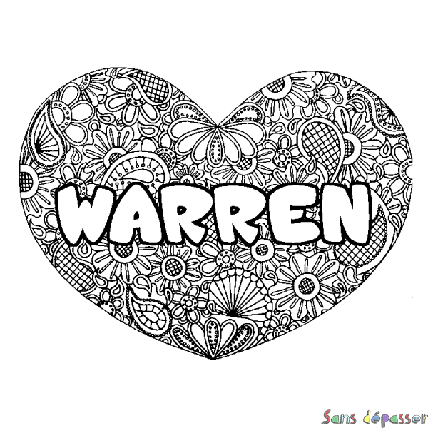 Coloriage prénom WARREN - d&eacute;cor Mandala coeur