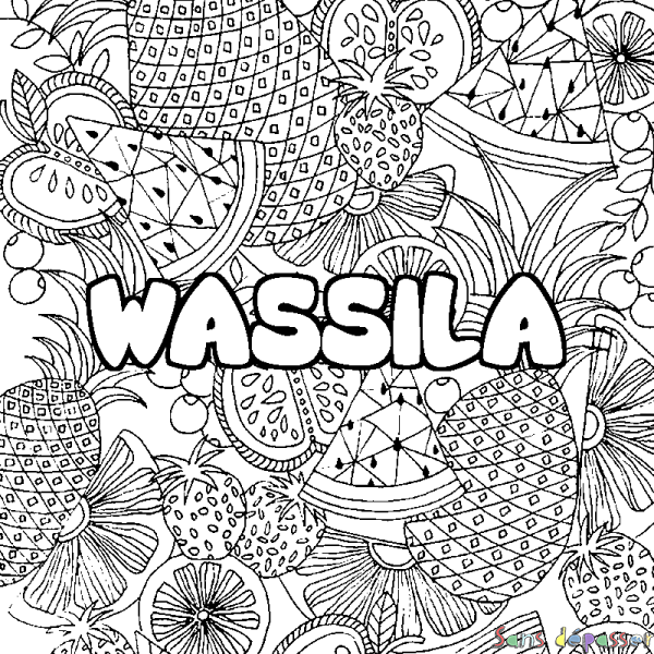 Coloriage prénom WASSILA - d&eacute;cor Mandala fruits