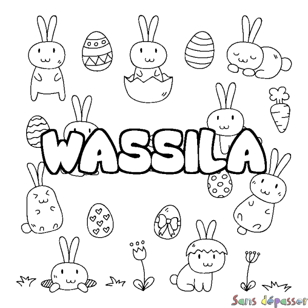 Coloriage prénom WASSILA - d&eacute;cor Paques