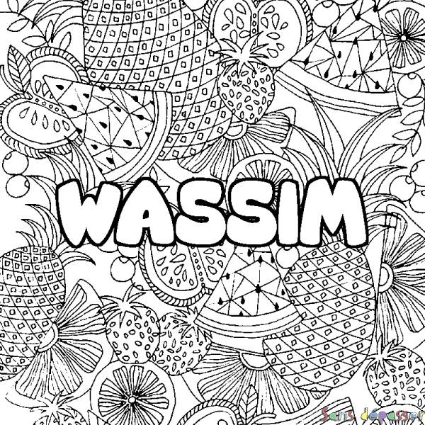 Coloriage pr&eacute;nom WASSIM - d&eacute;cor Mandala fruits