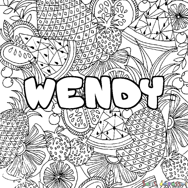 Coloriage pr&eacute;nom WENDY - d&eacute;cor Mandala fruits