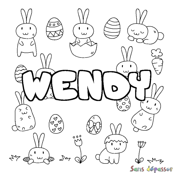 Coloriage pr&eacute;nom WENDY - d&eacute;cor Paques