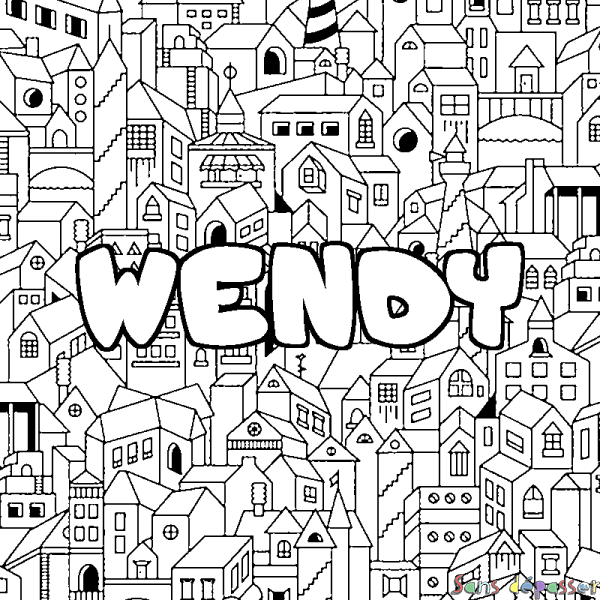 Coloriage pr&eacute;nom WENDY - d&eacute;cor Ville