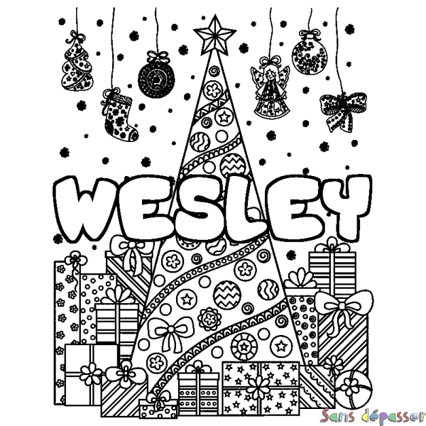 Coloriage prénom WESLEY - d&eacute;cor Sapin et Cadeaux