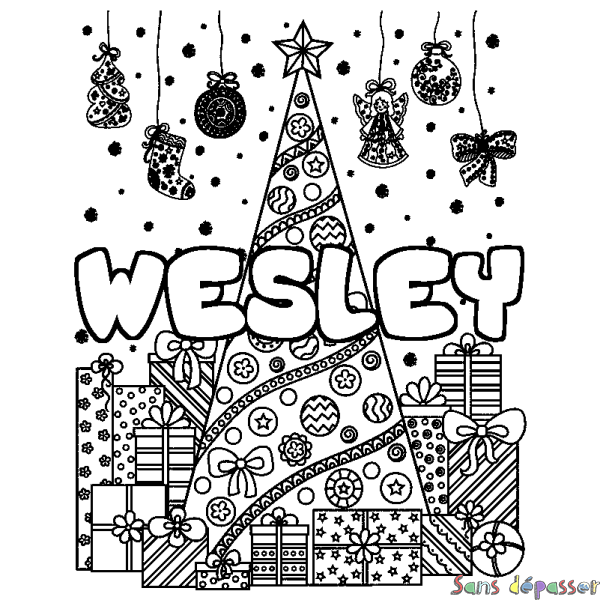 Coloriage pr&eacute;nom WESLEY - d&eacute;cor Sapin et Cadeaux