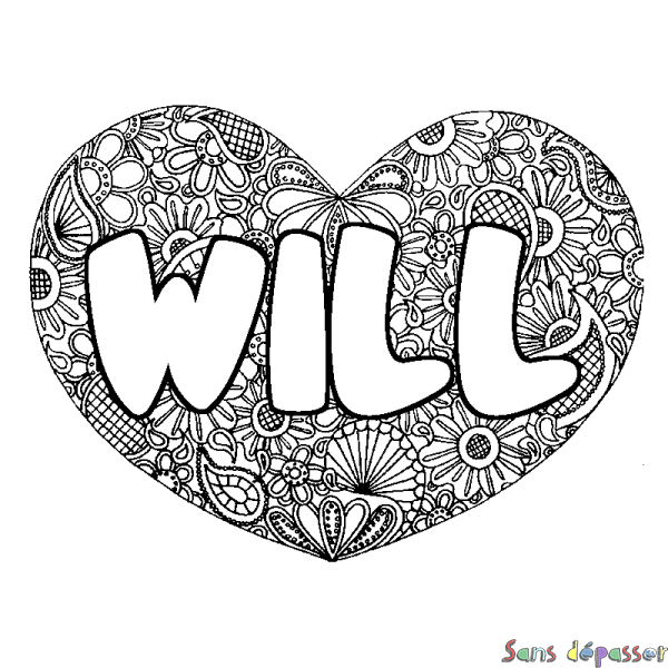 Coloriage pr&eacute;nom WILL - d&eacute;cor Mandala coeur