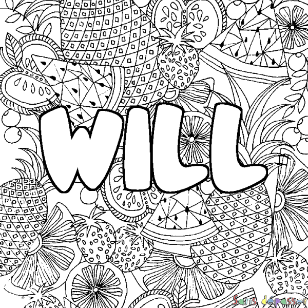 Coloriage pr&eacute;nom WILL - d&eacute;cor Mandala fruits