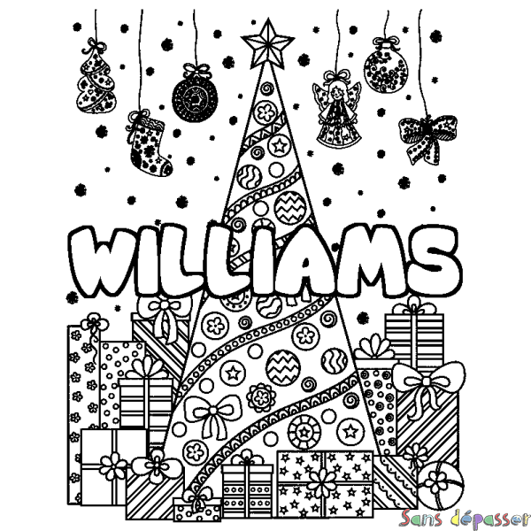 Coloriage pr&eacute;nom WILLIAMS - d&eacute;cor Sapin et Cadeaux