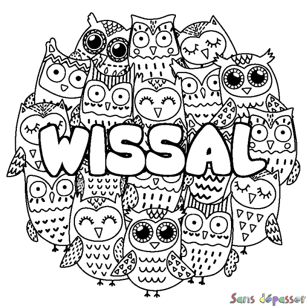 Coloriage pr&eacute;nom WISSAL - d&eacute;cor Chouettes