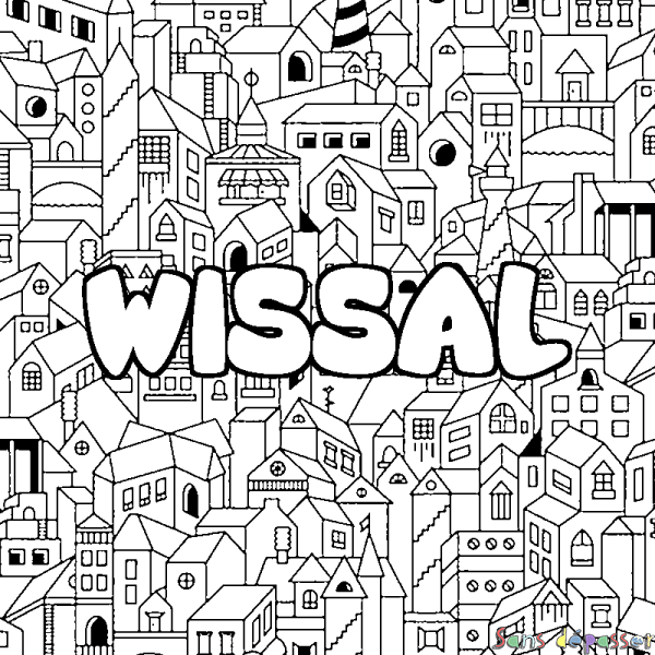 Coloriage pr&eacute;nom WISSAL - d&eacute;cor Ville