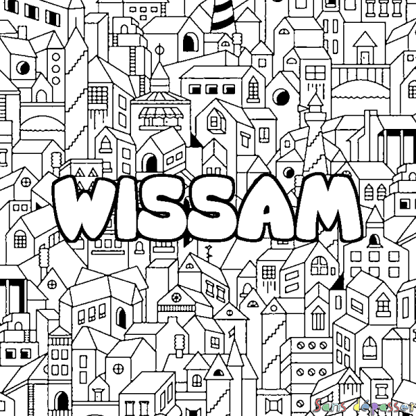 Coloriage pr&eacute;nom WISSAM - d&eacute;cor Ville
