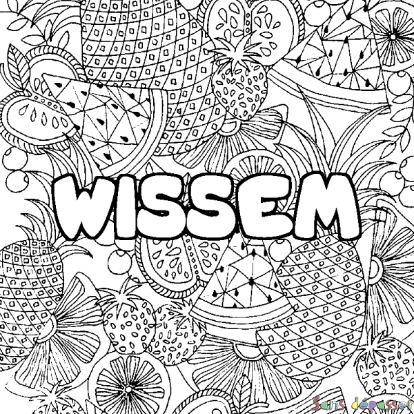 Coloriage pr&eacute;nom WISSEM - d&eacute;cor Mandala fruits