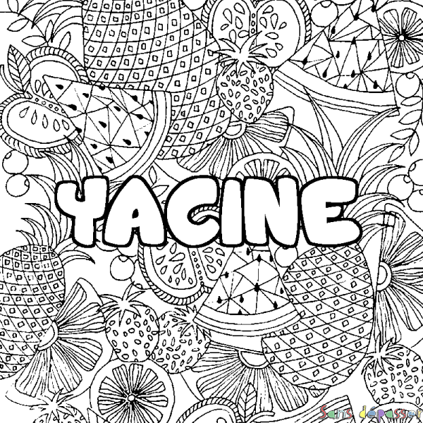 Coloriage pr&eacute;nom YACINE - d&eacute;cor Mandala fruits